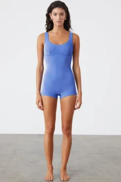 Zulu & Zephyr Stripe Rib Bralette Bodysuit - Dolphin Blue Outlet